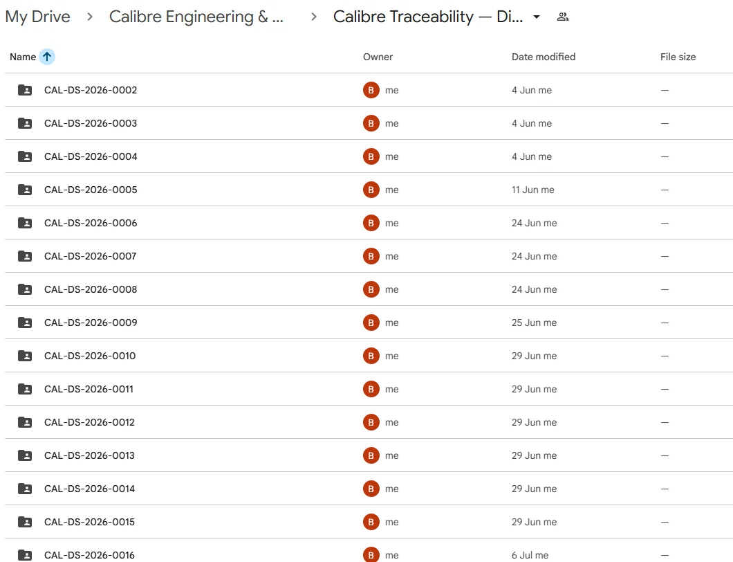 Drive folder list of numbered traceability folders, one per order, inside the Calibre Traceability vault.